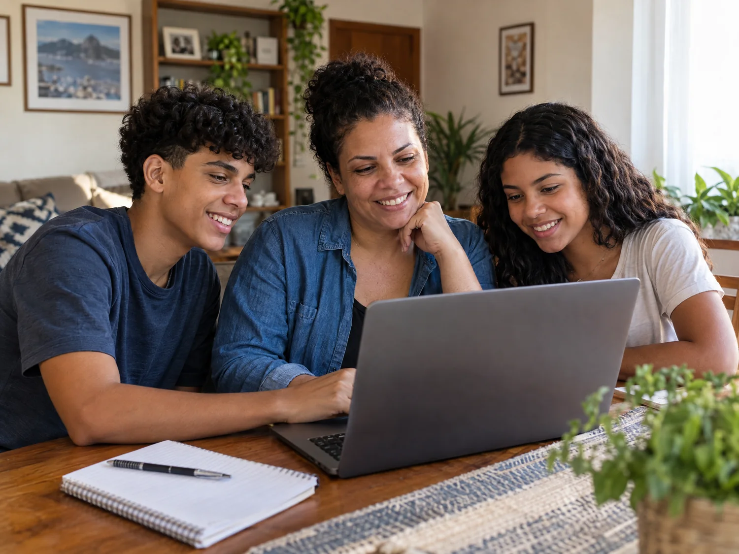Imagem ilustrativa de mãe acompanhando filho e filha adolescentes em um notebook
